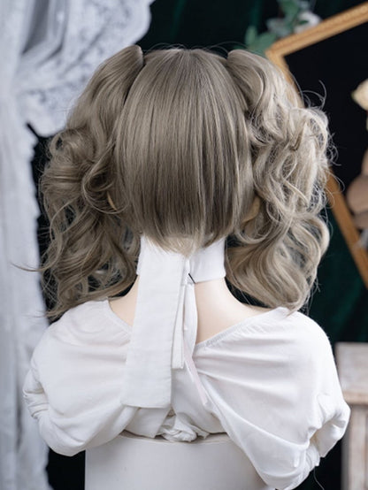 Gray Brown 30CM Length Synthetic Wig With Double Ponytail Claw Clips