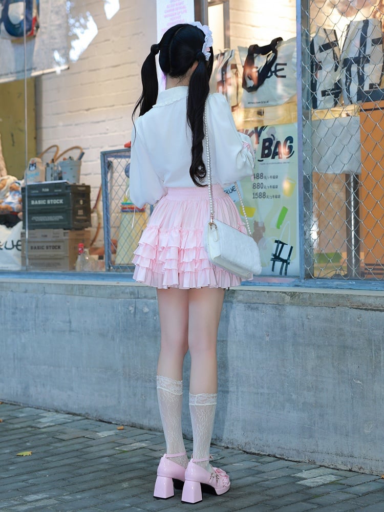 Sweet Ruffle White Shirt with Lace Placket and Flounce Sleeves