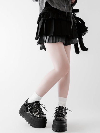 Black Punk Front Lace-up Ties Design Platform Shoes With Detachable Cross Charm Chain
