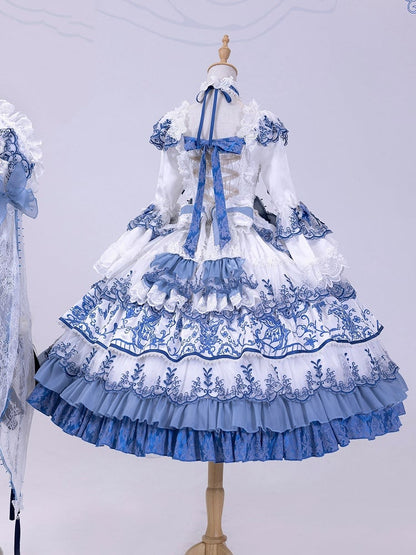 Butterfly Fabric Blue and White Porcelain Embroidery Chinoiserie Style Lolita Dress Long Version