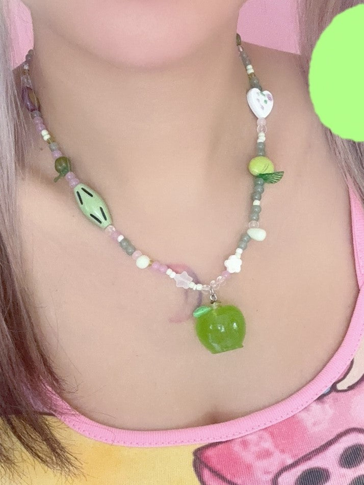 Green Apple Y2K Pendant Beaded Necklace