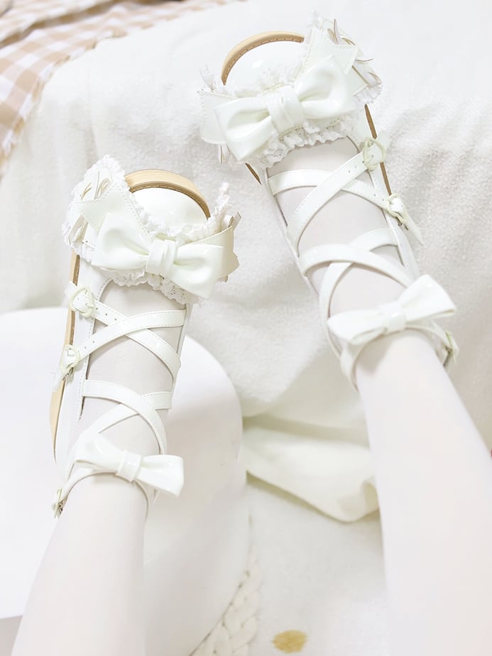 Polished White Bunny Ear Bowknot Old School Sweet Lolita Platforms