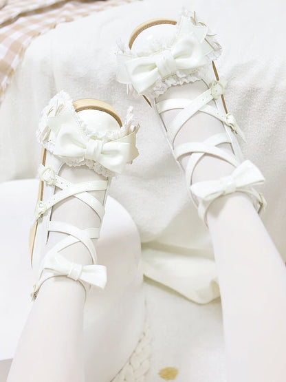Polished White Bunny Ear Bowknot Old School Sweet Lolita Platforms