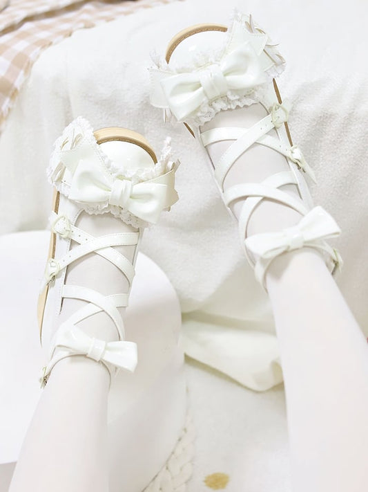 Polished White Bunny Ear Bowknot Old School Sweet Lolita Platforms
