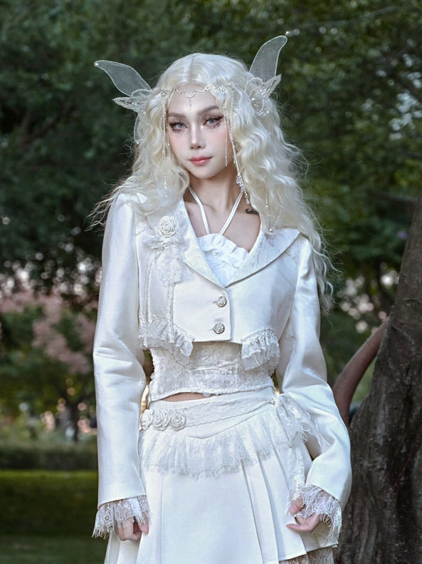 White Lace Trim Hemline and Cuffs Cropped Blazer