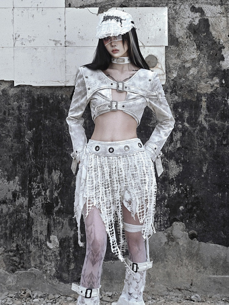 White Punk Distressed Holes Handkerchief Hem Skirt with Detachable Overlay