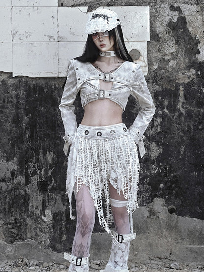 White Punk Distressed Holes Handkerchief Hem Skirt with Detachable Overlay