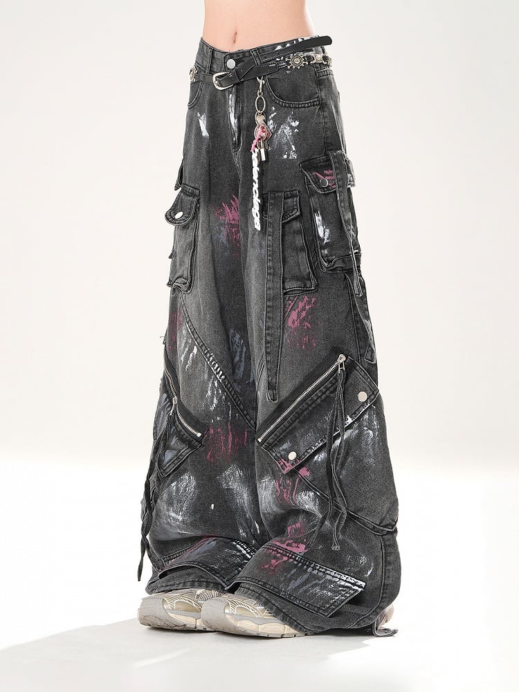 Spray Paint Print Black Low Rise Zipper Details Distressed Wide-leg Jeans