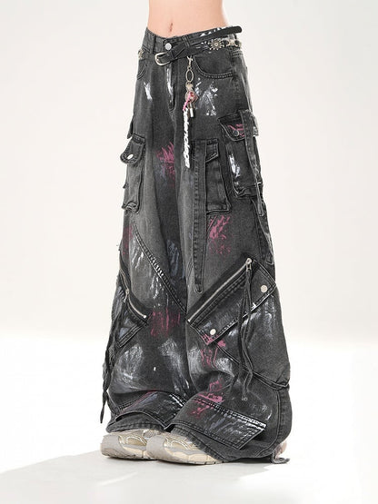 Spray Paint Print Black Low Rise Zipper Details Distressed Wide-leg Jeans
