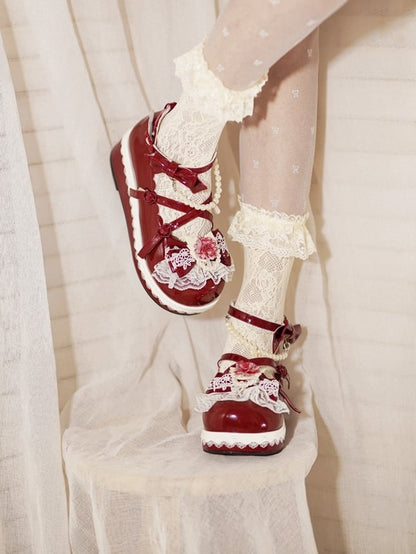 Red Floral Design Bow at Top Lace Trim Heart Buckle Platforms With Detachable Beaded Chain