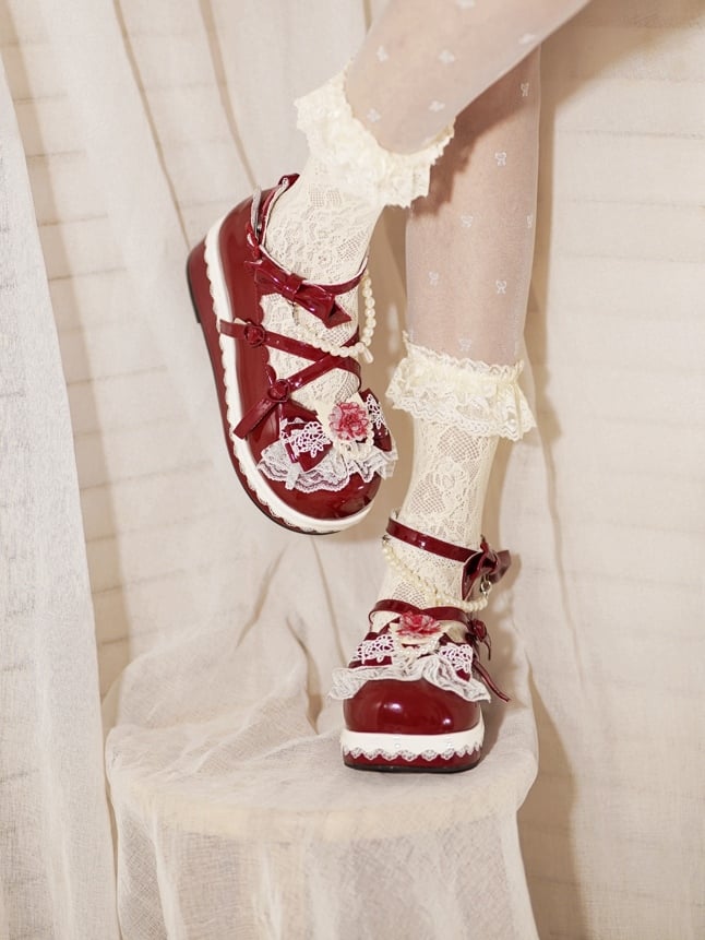 Red Floral Design Bow at Top Lace Trim Heart Buckle Platforms With Detachable Beaded Chain