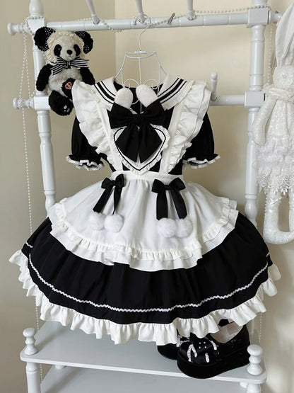 Bunny Ears Sailor Collar Black Short Sleeves Maid Lolita Dress with White Apron