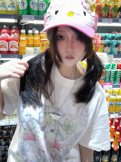 Anime Girl Print White Round Neck Loose Cotton T-shirt