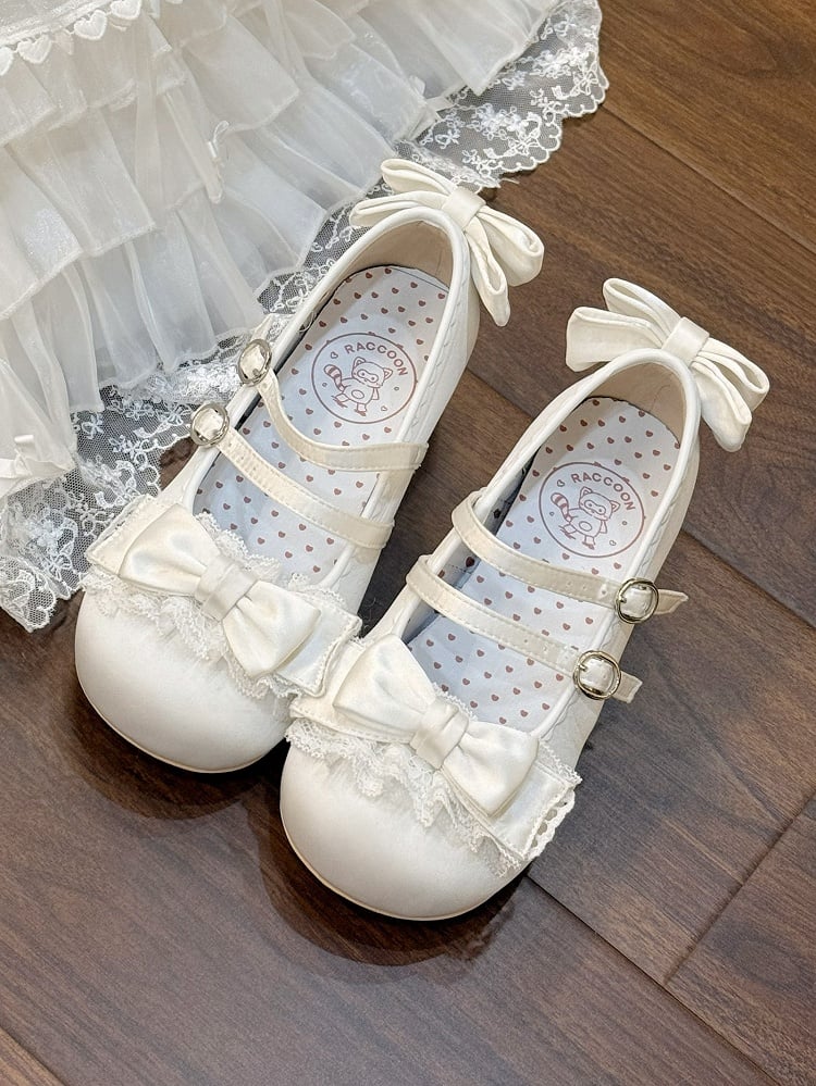 Mid-heel White Mary Janes in Sweet Lolita - Delicate Ruffle Lace, Bow Accents & Twin Clasps