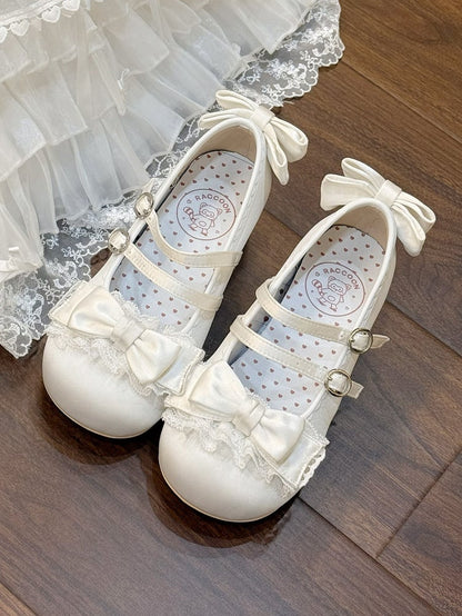 Mid-heel White Mary Janes in Sweet Lolita - Delicate Ruffle Lace, Bow Accents & Twin Clasps