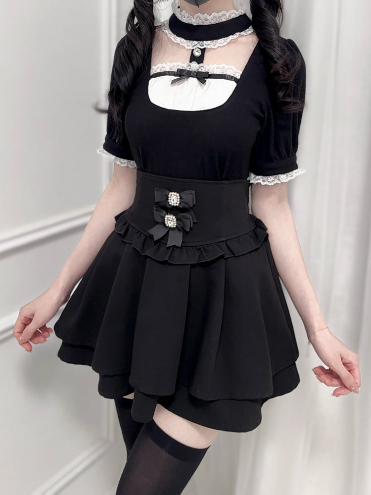 Jirai Kei Black Banded Collar Cutout Front Short Sleeves Blouse