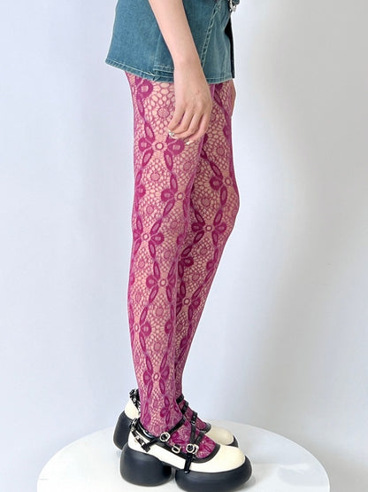 Rose Red Hollow-out Design Floral Pattern Tights