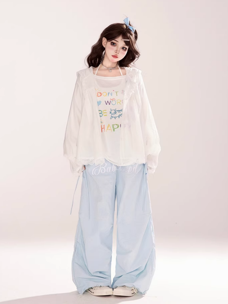 Colorful Letter Print White Asymmetrical Neckline Semi-sheer Coverup