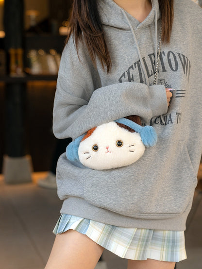 White&Red Plush Letter And Star Embroidery Backpack With A Detachable Kitty Plushie