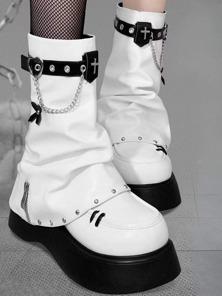 White Punk Cross Decorated Heart Buckle Studs Details Platform Boots