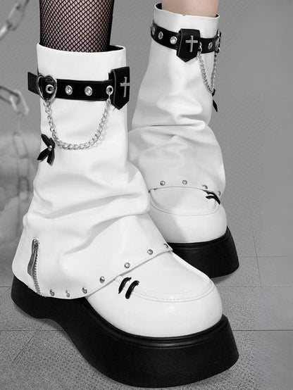 White Punk Cross Decorated Heart Buckle Studs Details Platform Boots