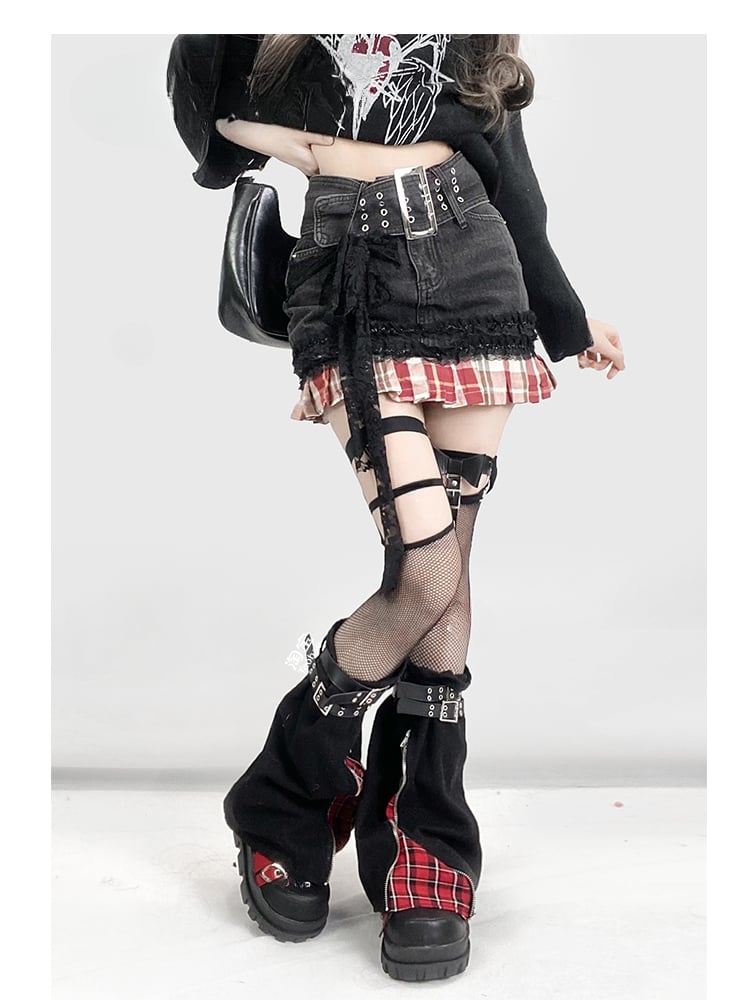 Y2K Red Plaid Pattern Hem Black Denim Skirt+Buckle Strap Leg Warmers