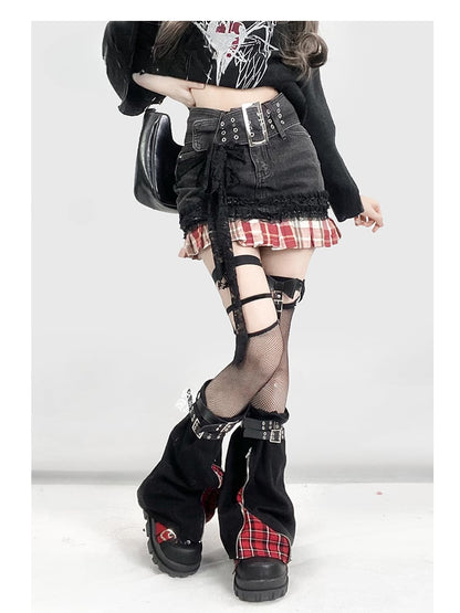 Y2K Red Plaid Pattern Hem Black Denim Skirt+Buckle Strap Leg Warmers