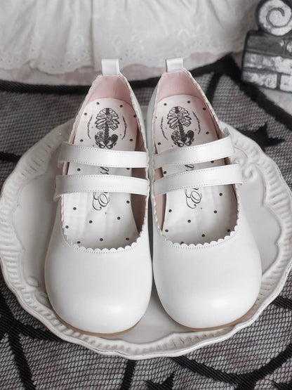 White Gothic Cross Embroidery Velcro Strap Closures Round Toe Flats