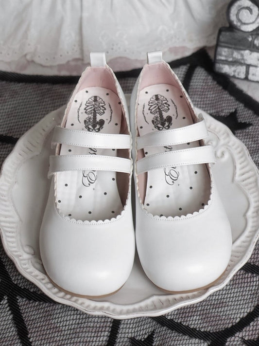 White Gothic Cross Embroidery Velcro Strap Closures Round Toe Flats