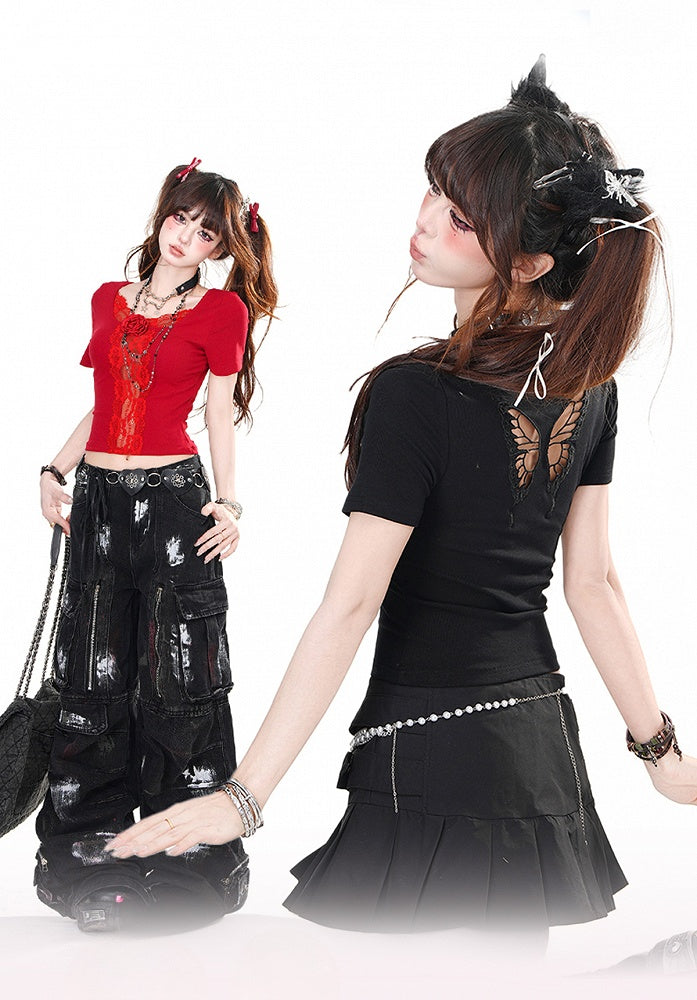 Black/Red Rosette Lace Trim Butterfly Cutout Detail Back Glamorous Cropped Top