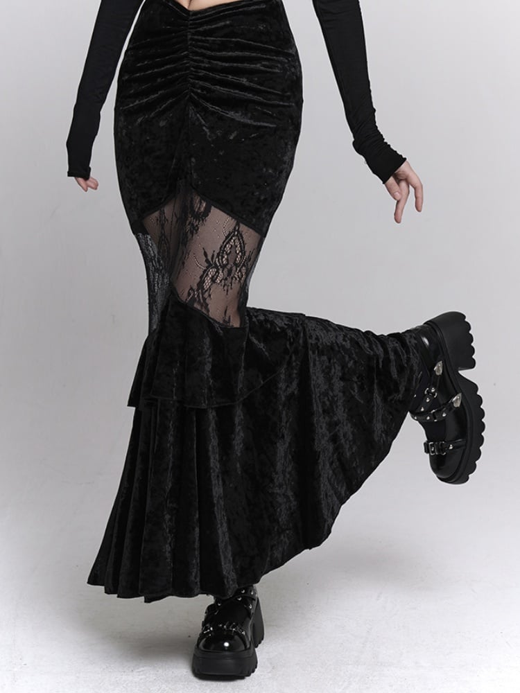 Gothic Black Velvet Contrast Lace Patches Ruched Design Mermaid Skirt