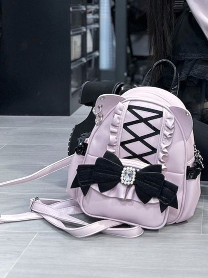 Jirai Kei Black&Pink Cat Ear Backpack With Beaded and Rhinestone Bow