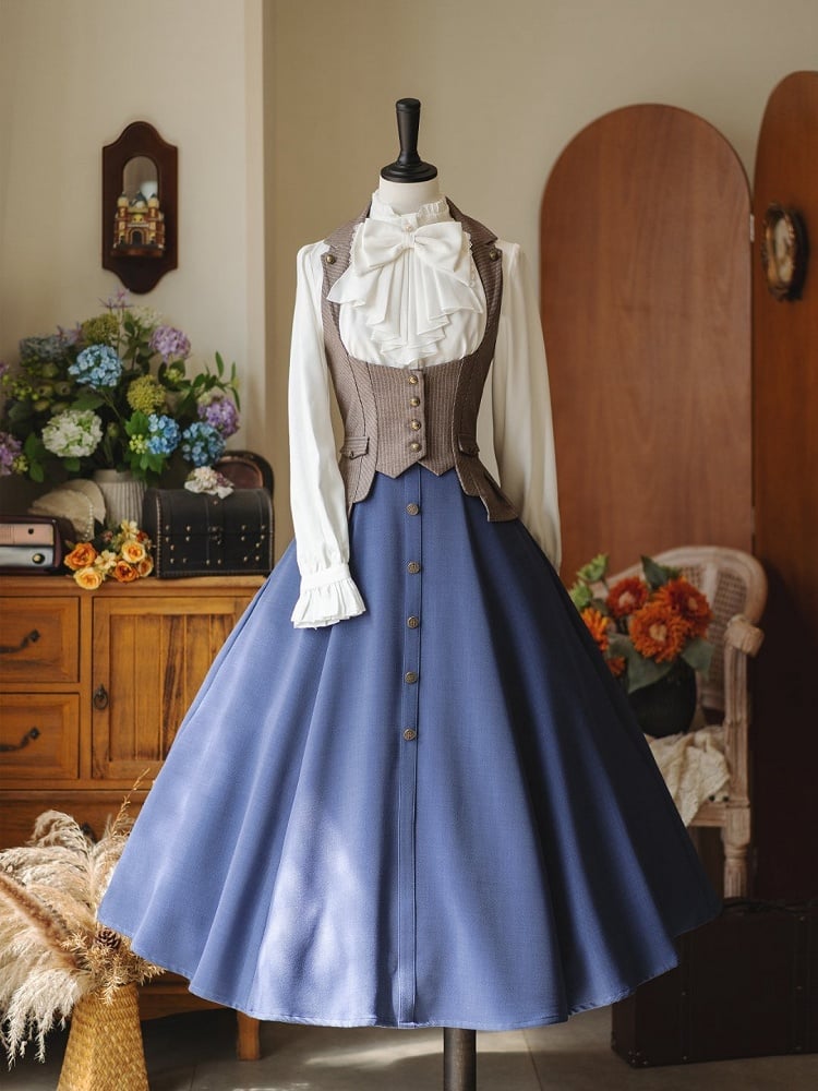 Indigo Blue Corset Belt High Waist Retro Midi Skirt with Button Accents