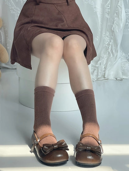 Sweet Lolita Brown Round Toe Mary Janes - Low Heel with Heart Buckle & Bow Accents
