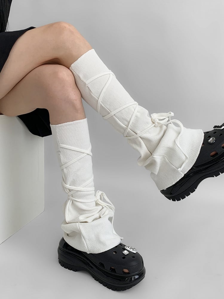 Self-tie Straps Gray/White Flared Leg Warmers