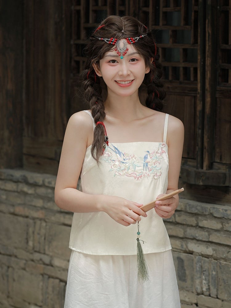 Floral and Bird Embroidery Apricot Cami Top