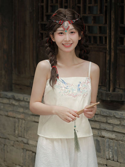 Floral and Bird Embroidery Apricot Cami Top