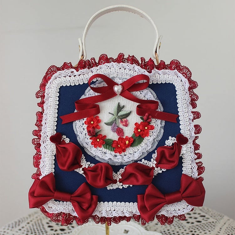 Elegant Classic Lolita Lace Handbag Adorned with Flower and Ribbon Bows – 9 Color Options