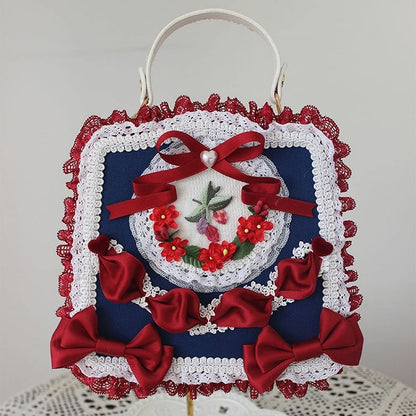 Elegant Classic Lolita Lace Handbag Adorned with Flower and Ribbon Bows – 9 Color Options