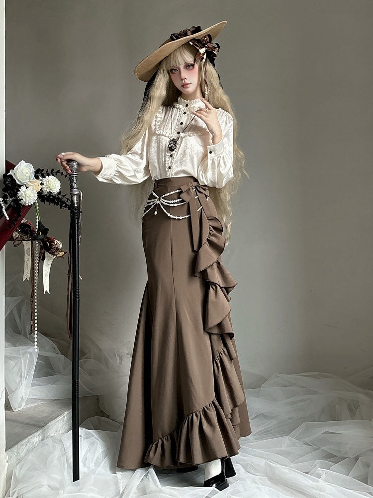 Brown Elegant Lolita Mermaid Skirt with Cascading Ruffles