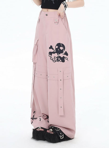 Black/Grey/Pink Skeleton and Cross Print Cargo Pockets Wide-Leg Pants