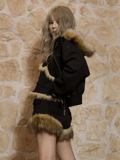 Black Y2K Punk Studded Shorts with Faux Fur Trim & Button-Accented Slant Pockets