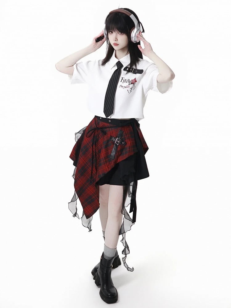 Contrast Red and Black Buttons Leather Buckle Strap White Short Sleeves Shirt Long/Short Version