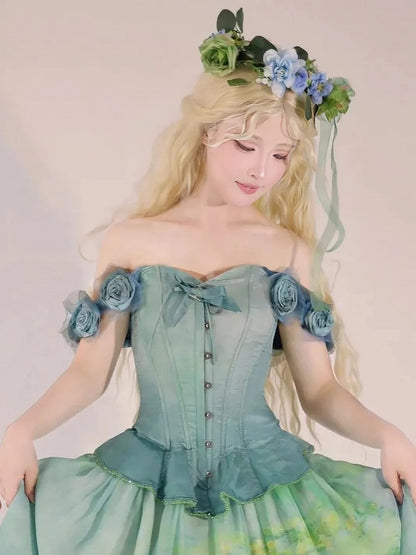 Green Flounce Hem Boned Corset Top with Detachable Floral Adornments