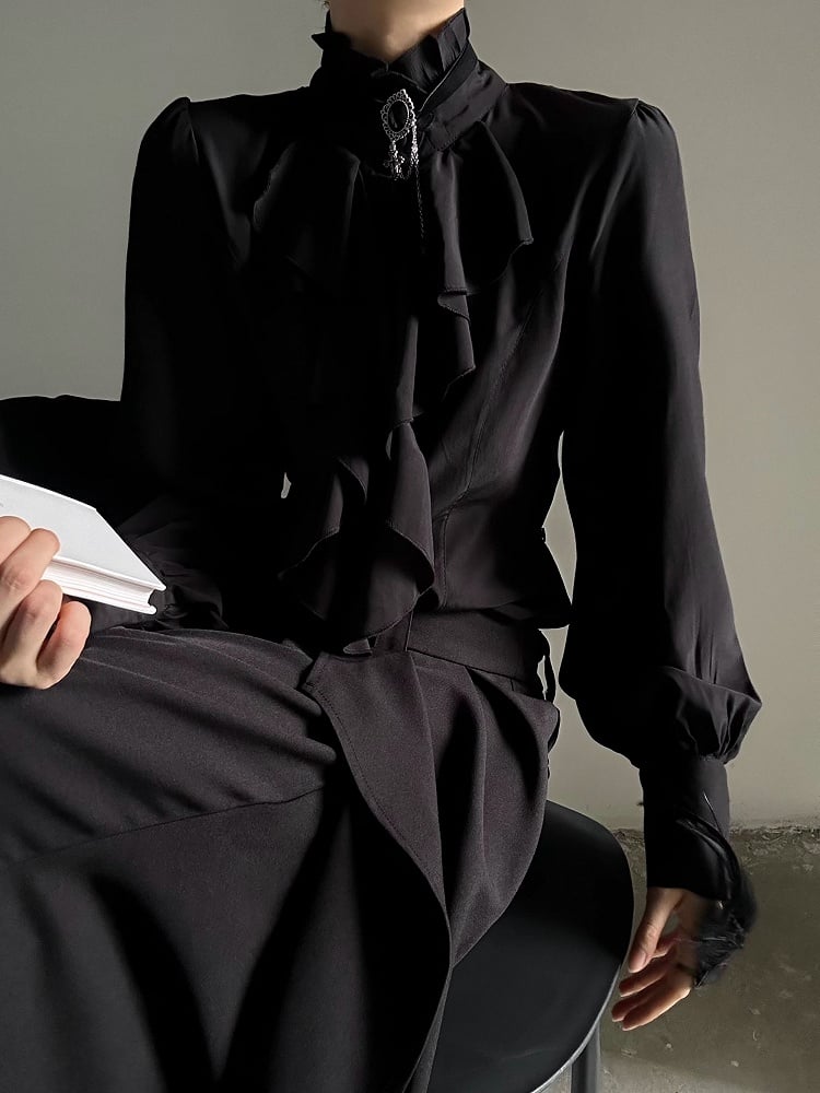Ouji Lolita Vintage Black Bishop Sleeve Shirt with Cascading Ruffles & Detachable Obsidian Necklace