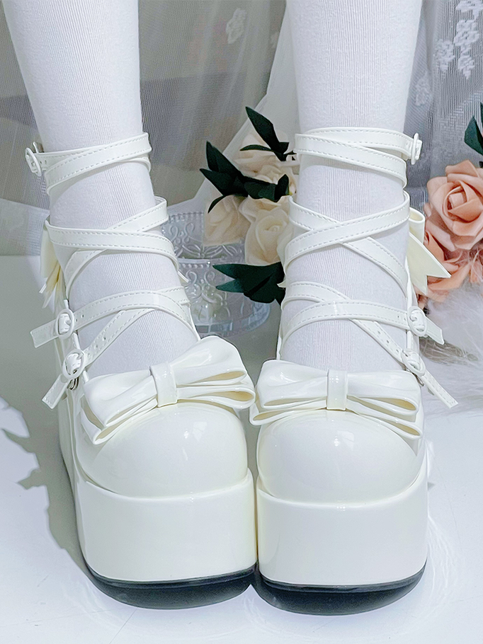 White Bowknot Buckle Straps Round Toe Platform Lolita Shoes
