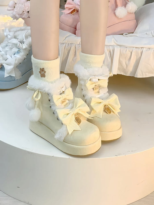 Sweet Lolita Yellow Platform Snow Boots - Pompom Charm, Bow Details & Furry Lining
