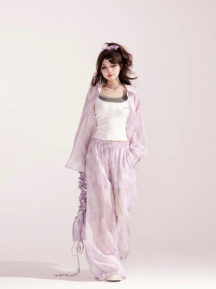 Light Purple Loose Shirt / Drawstring Waist Wide-leg Casual Pants
