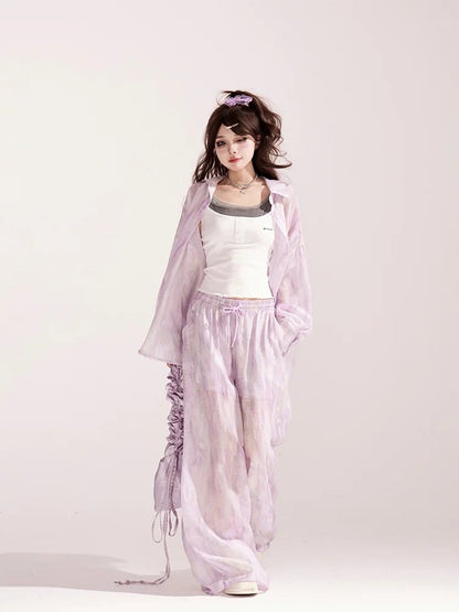 Light Purple Loose Shirt / Drawstring Waist Wide-leg Casual Pants