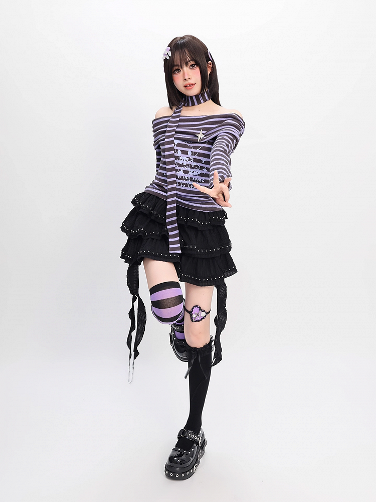 Y2K Off-the-shoulder Neckline Purple and Gray Striped Top with Free Scarf